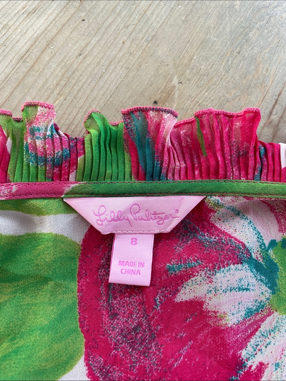 Lilly Pulitzer Floral Wrap Dress Size 8 Pink Green Ruffle Pleated Hem Slip Under - Picture 6 of 7